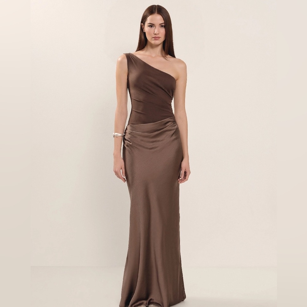 One-Shoulder Brown Evening Gown